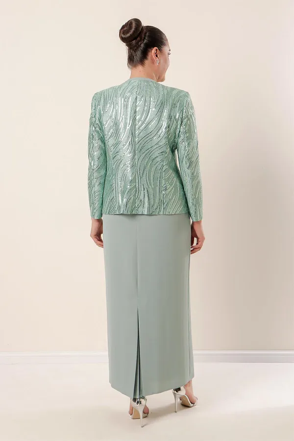 Veste à paillettes, manches demi-lune, robe en crêpe doublée, costume 2 pièces grande taille