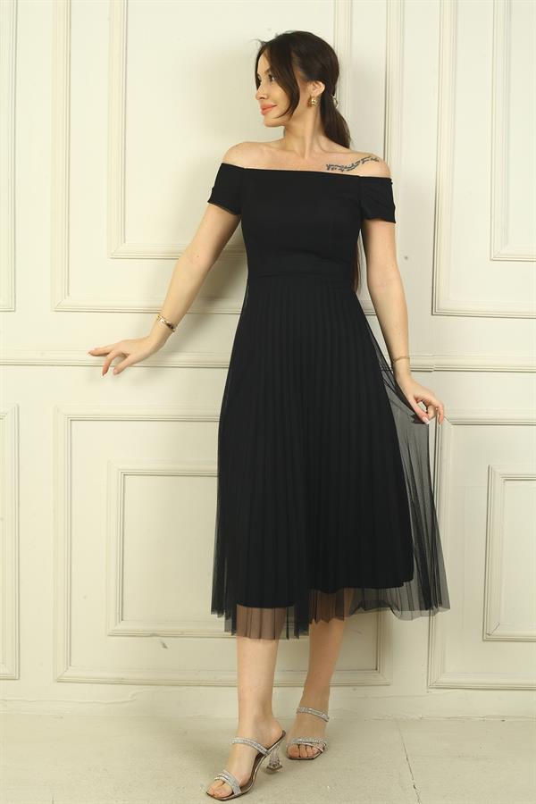 Madonna Yaka Astarlı Eteği Şifon Pilisoley Elbise