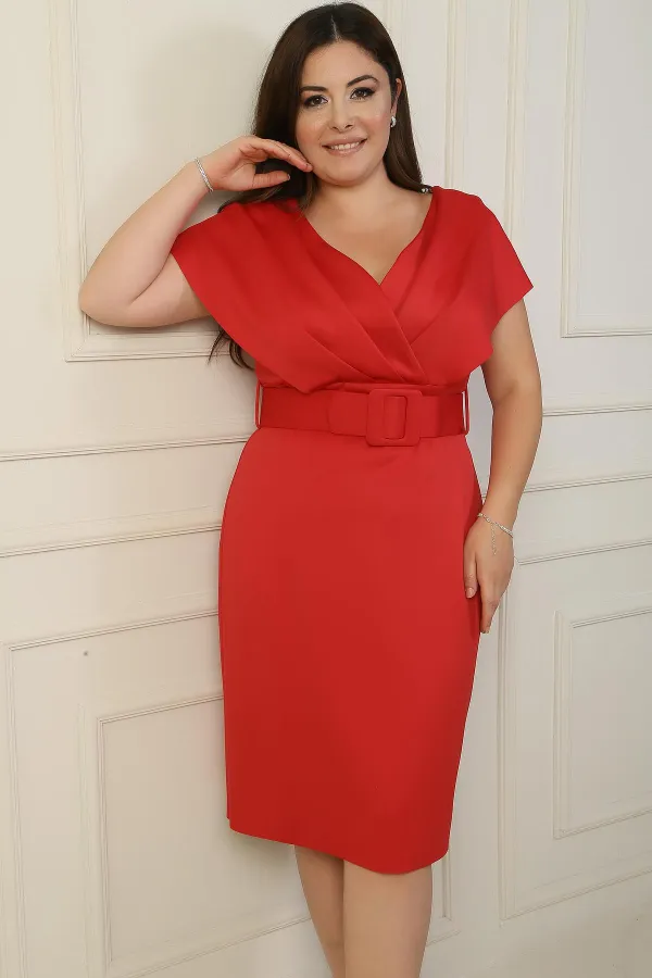 Front Back V Neck Waist Belted Lined Plus Size Dress