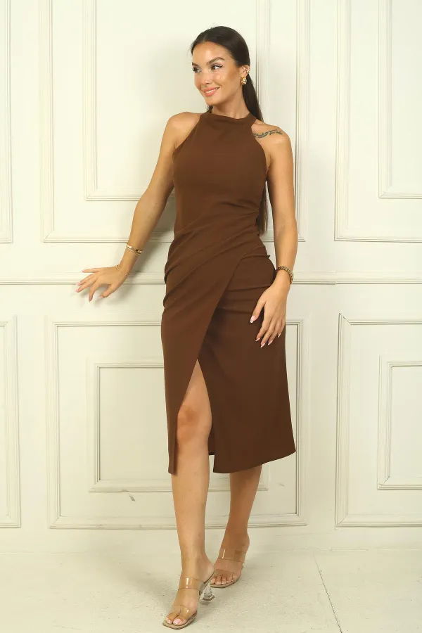 Women's Halter Neck Long Crepe Dress with Dart Detail