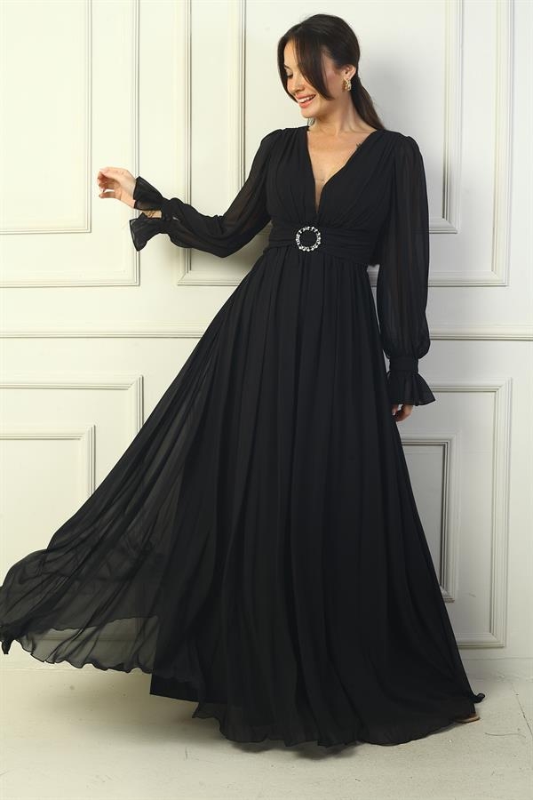 Robe de soirée longue en mousseline doublée, col en V et ceinture à boucle pour femme