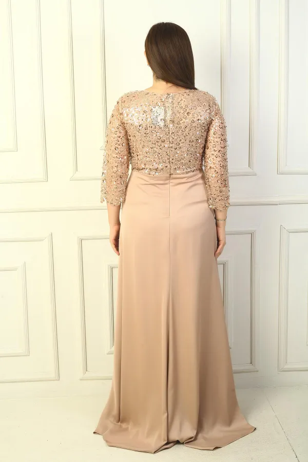 Kadın Çiçekli Altı Saten Üstü Gritel Astarlı Büyük Beden Uzun Elbise