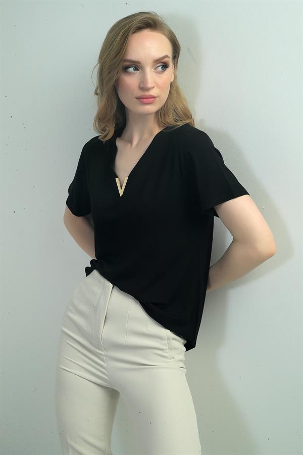 V Neck Short Sleeve Blouse with V Accessories
