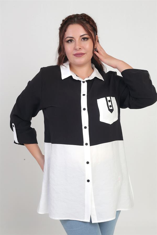 Kadın Kol Katlamalı Cepli İki Renkli Büyük Beden Lyocell Gömlek