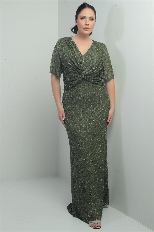 Robe longue doublée à col en V pour femme, ornée d'un nœud sur le devant et de perles, grandes tailles