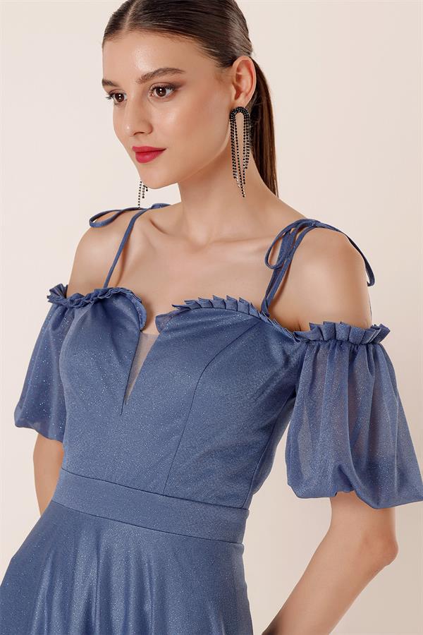 Long Dress with Pleated Neckline, Balloon Sleeves, Lined, and Glittery Embellishments.