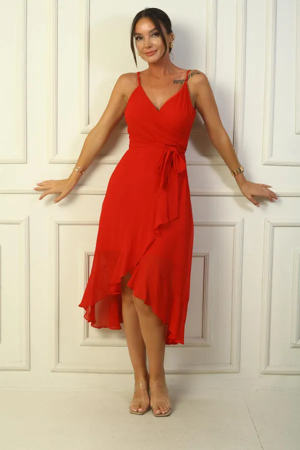 Rope Strap Double Breasted Collar Belted Waist Lined Flounce Chiffon Long Dress