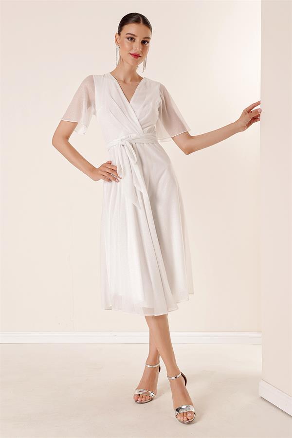 Wrap-Neck Belted Lined Glitter Tulle Dress