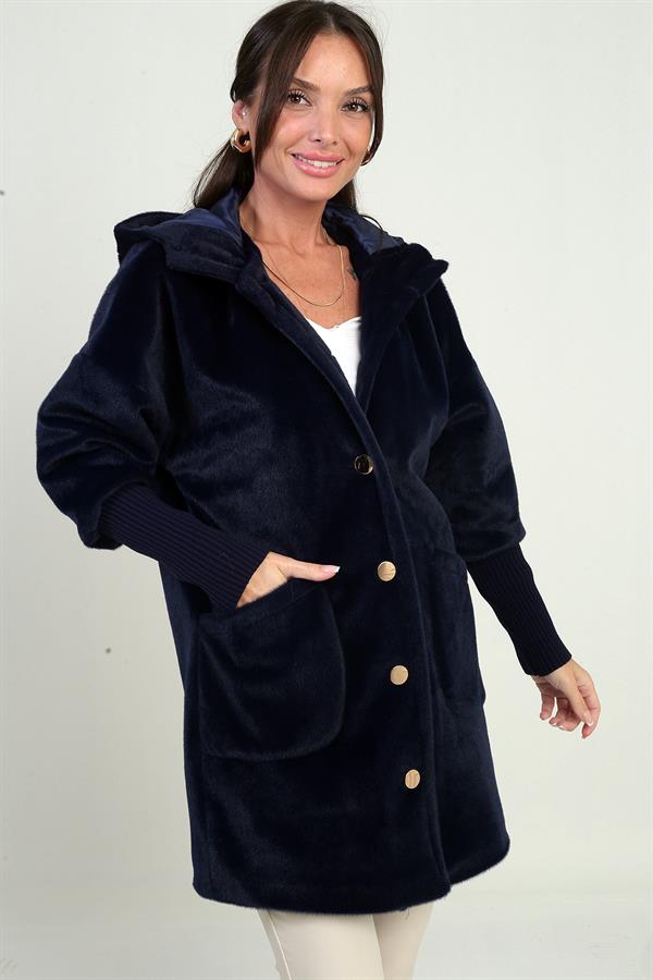 Manteau en angora doublé à capuche et boutons sur le devant pour femme, avec manches côtelées