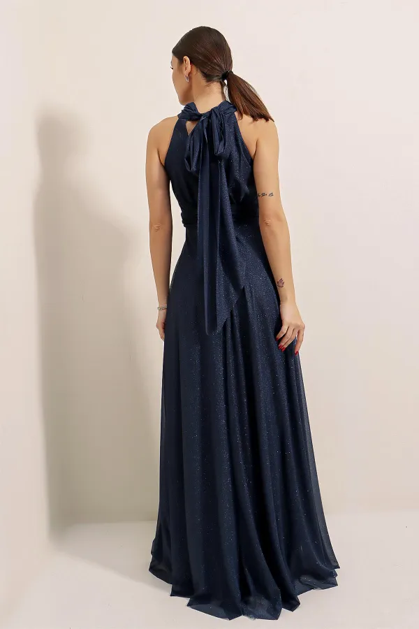 Boyundan Bağlamalı Astarlı Simli Uzun Elbise