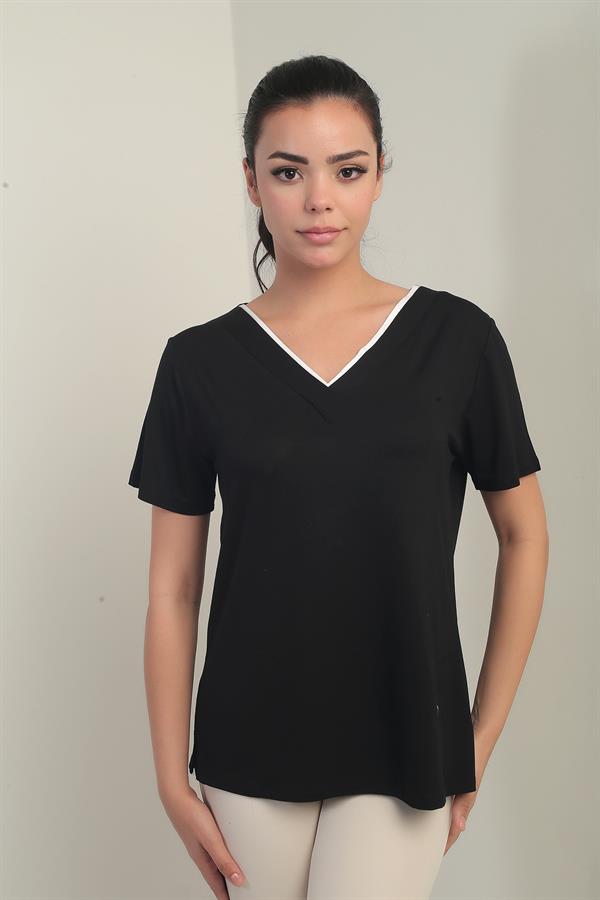 Women's White V-Neck Lycra Blouse with Trim