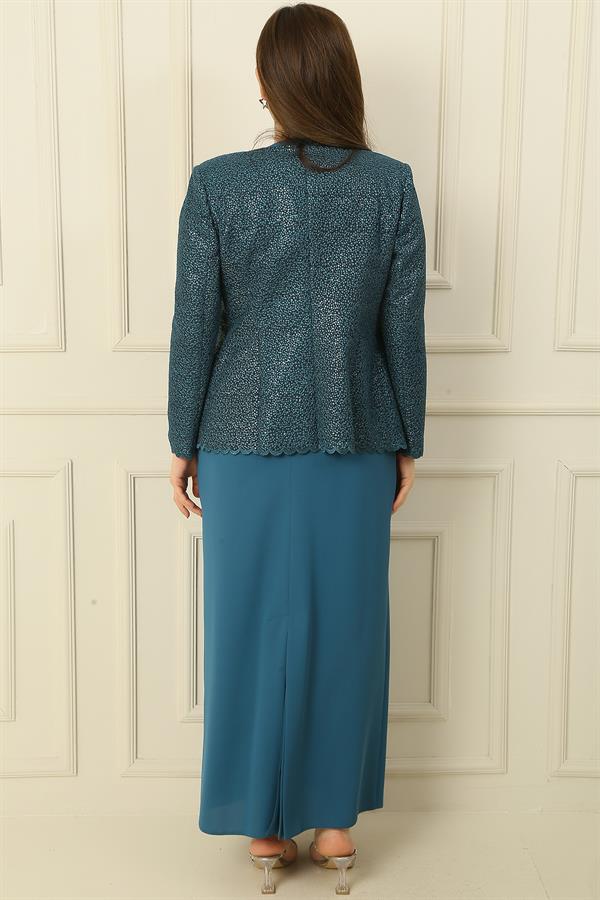 Robe longue en crêpe avec col et doublure ornés, veste à sequins, ensemble 2 pièces grande taille