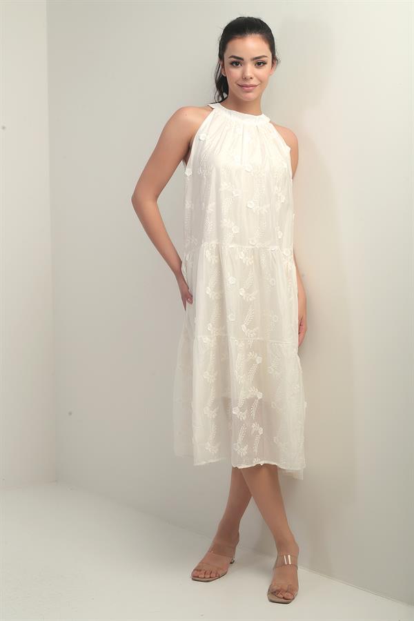 Women's Halter Neck Lace-Up Lined Embroidered Midi Dress