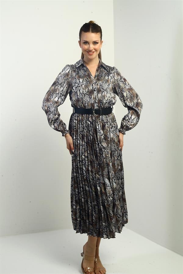 Women's Half-Front Button-Down Belted Lined Snake Pattern Pleated Midi Satin Dress