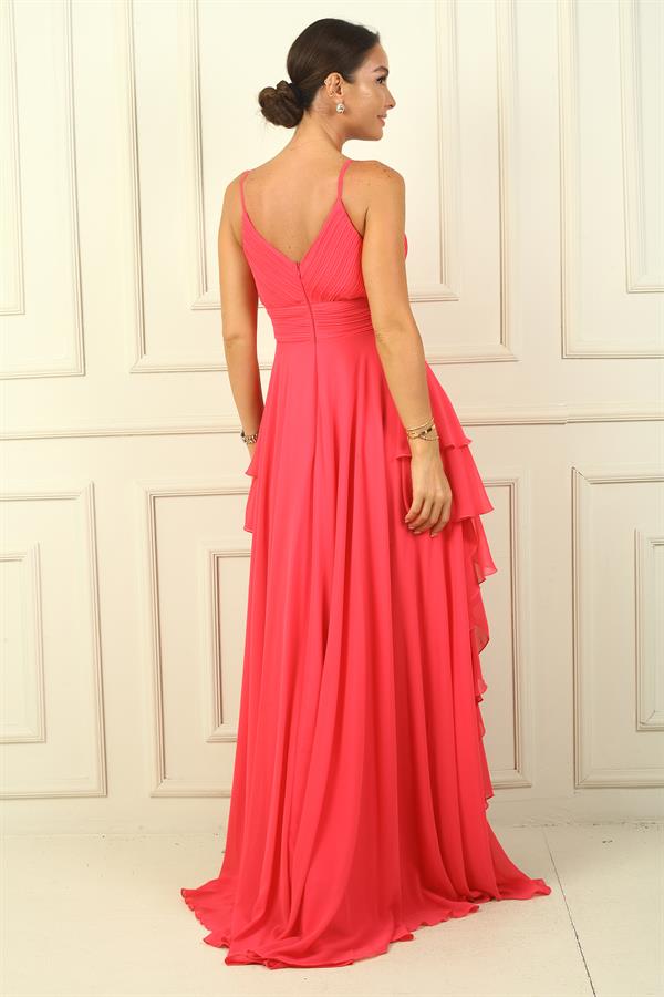 Kadın İp Askılı Yanları Yırtmaçlı Astarlı Volanlı Şifon Uzun Elbise