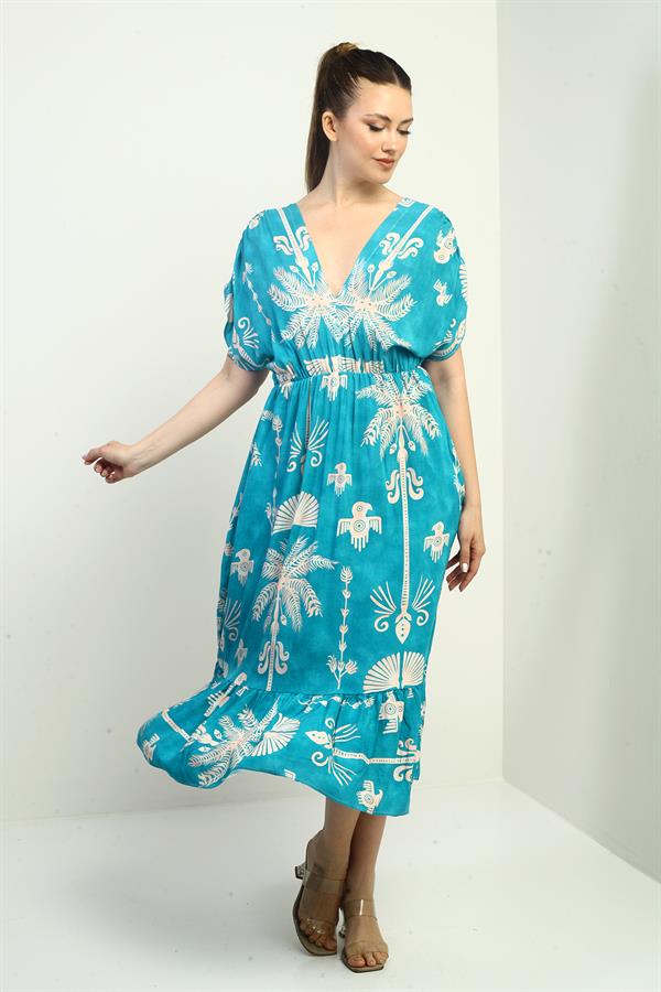 Women's Front and Back V-Neck Batwing Sleeve Palm Tree Print Pocket Ruffled Dress