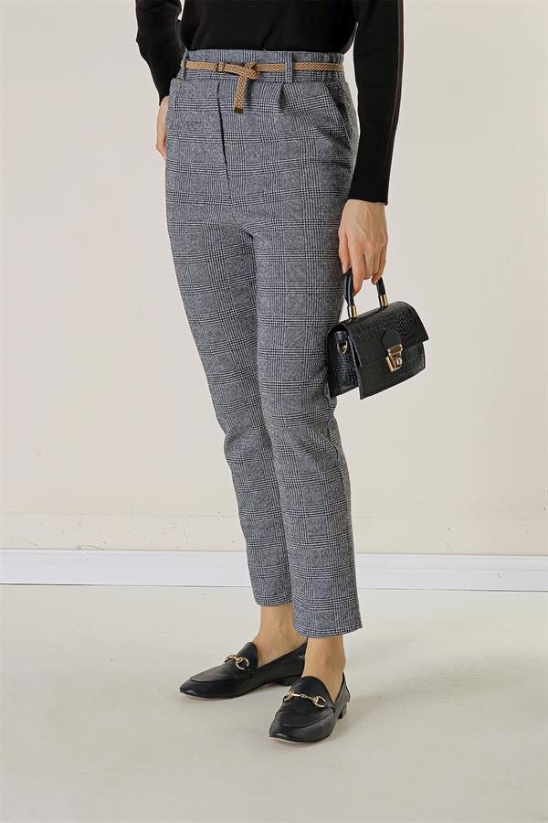 Bel Lastikli Kemerli Yandan Cepli Ekose Dar Paça Pantolon