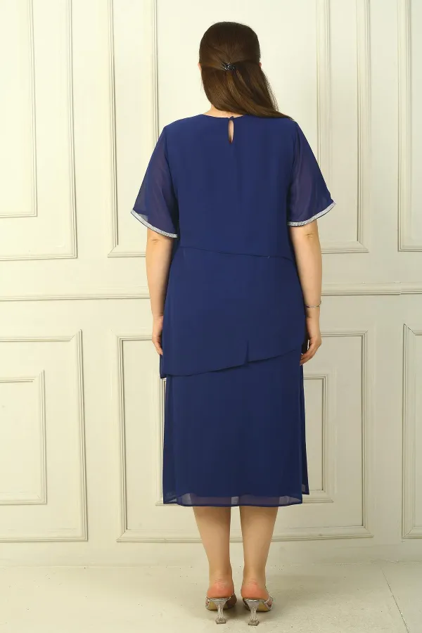 Women's Plus Size Dress with Stone Embellishments, Lined, Short Sleeves, and Three Layers of Chiffon.