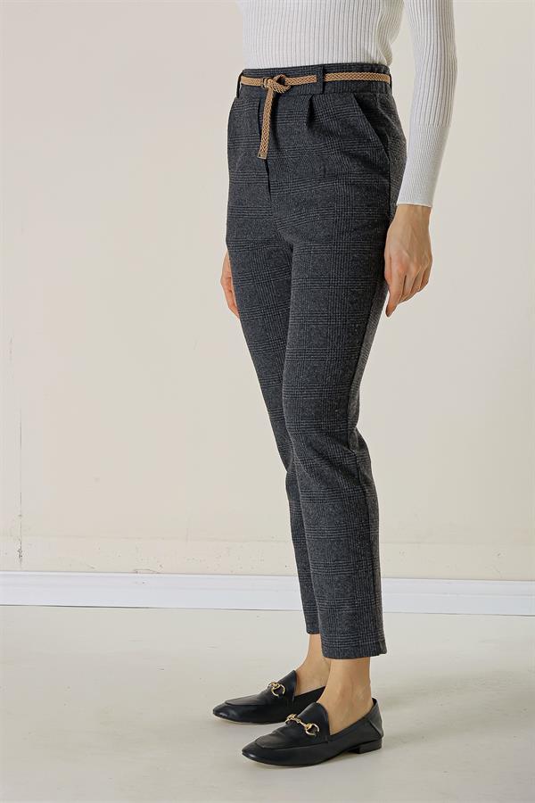 Bel Lastikli Kemerli Yandan Cepli Ekose Dar Paça Pantolon