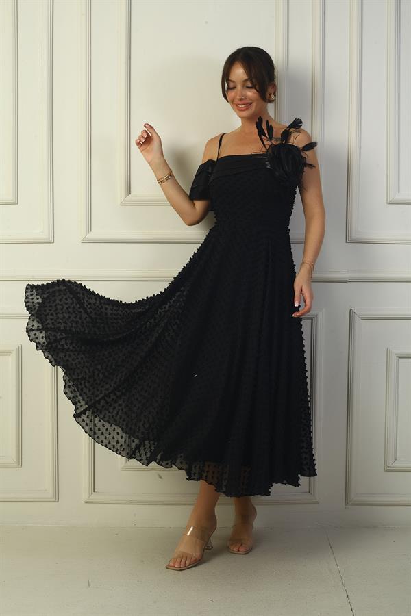 Women's Strappy Back Lace-up Dropped One-Sleeve Dress with Feather Brooch and Lined Glossy Fabric