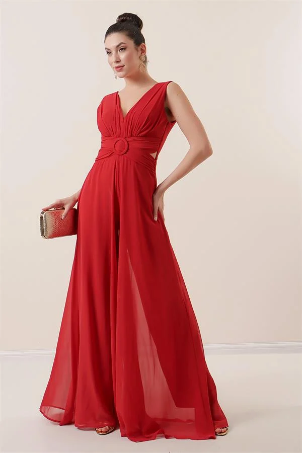 Waist-detailed, front and back V-neck, lined chiffon jumpsuit.