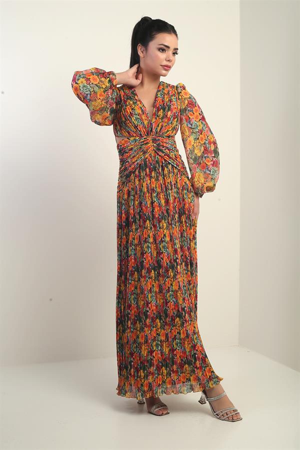 Kadın V Yaka Astarlı Çiçek Desenli Komple Pileli Şifon Uzun Elbise