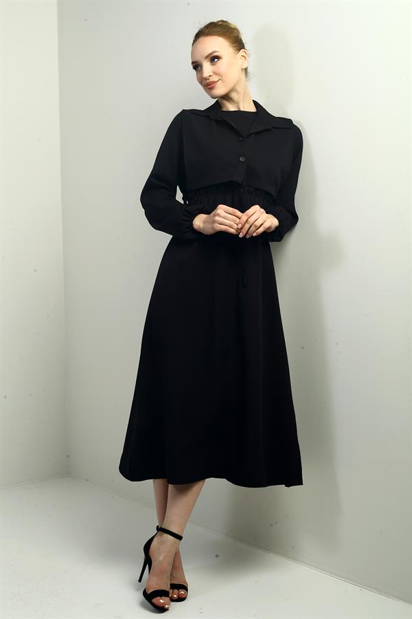Women's Button-Down Detachable Vest, Elastic Waist, Long-Sleeved Midi Dress