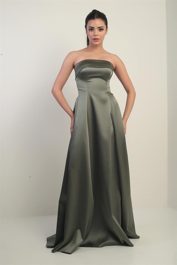 Kadın Straplez Astarlı Cepli Uzun Saten Abiye Elbise