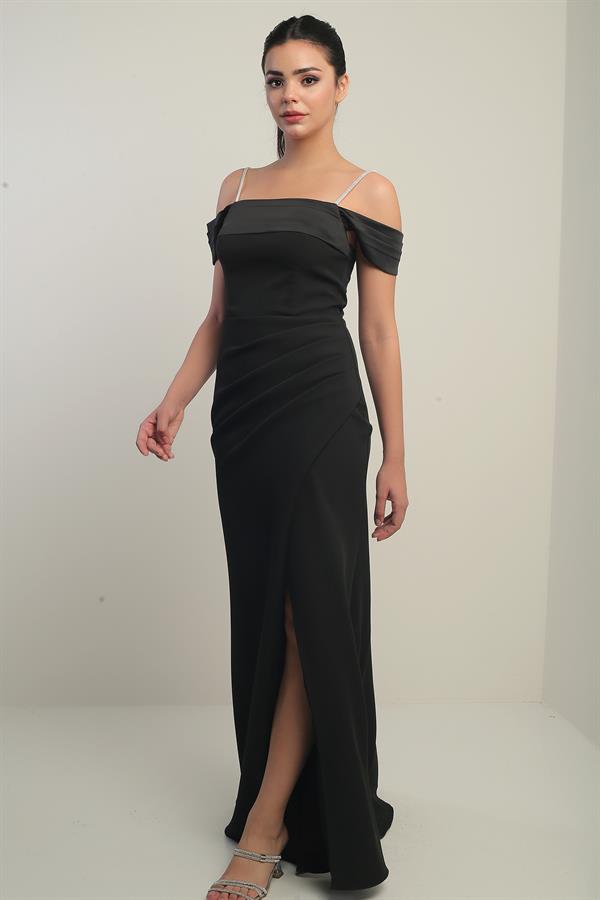 Women's Embellished Thin Strap, Dropped Sleeve Satin Madonna Neckline Lined Draped Double Fishtail Dress