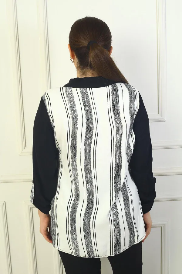 Chemise grande taille pour femme avec fausses poches, manches retroussables et rayures verticales