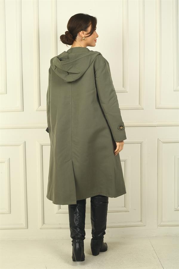 Trench-coat à capuche pour femme avec poches latérales et boutons sur le devant