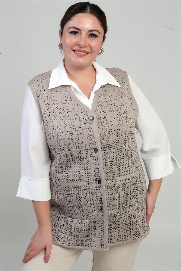 Kadın Önü Metal Düğmeli Celi Kazayağı Desenli Büyük Beden Kısa Triko Yelek