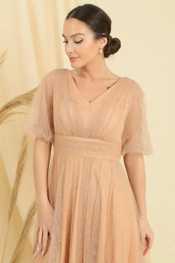 Robe longue en tissu dahlia pailleté à motif araignée, manches courtes ballon, devant et dos, col en V