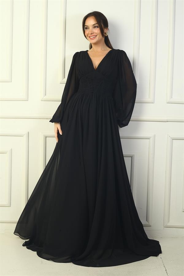 Önden Bağcıklı Balenli Astarlı Uzun Şifon Elbise