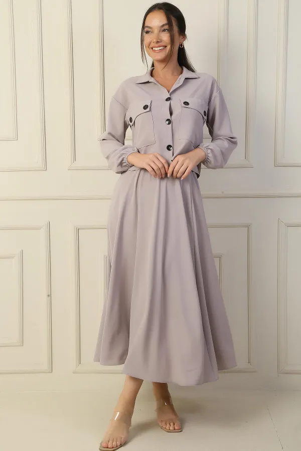 Ensemble 2 pièces chemise à double poche, taille élastique, jupe Arya