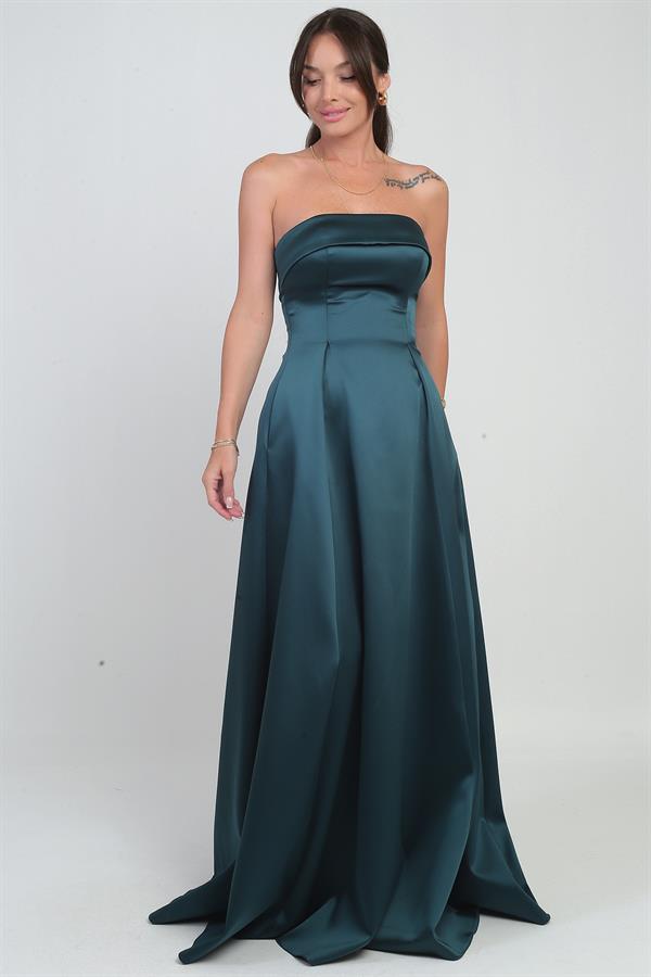 Women's Strapless Lined Long Satin Evening Dress with Pockets