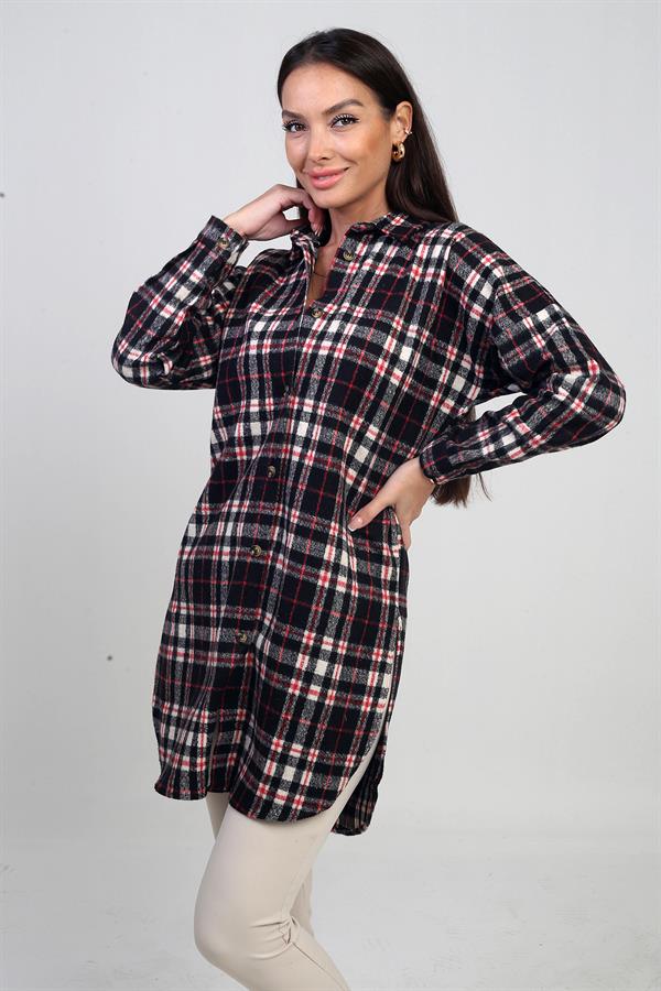 Chemise longue à carreaux pour femme avec fentes latérales