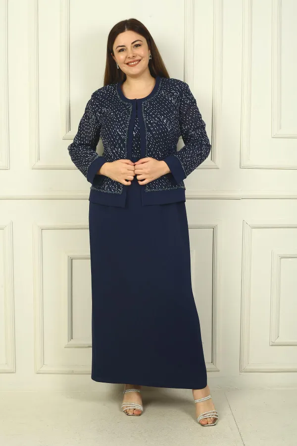 Women's Beaded and Sequin Embellished Tulle Jacket, Half-Moon Sleeve Long Dress, Lined, Plus Size Two-Piece Set