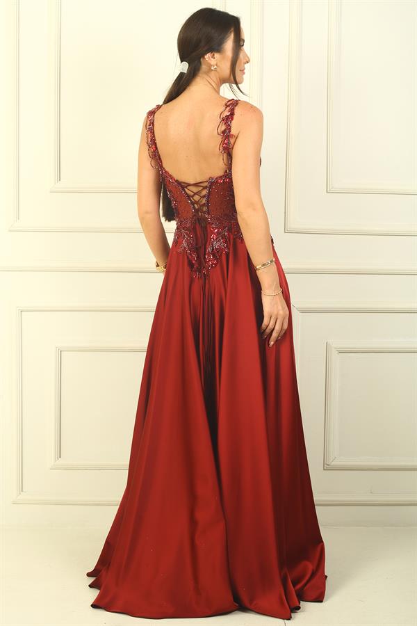 Strappy, Beaded and Sequined, Underwired, Transparent Lined Satin Long Evening Dress