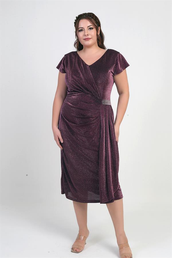 Women's Front Back V Neck Waist Stone Detail Lined Glittery Sandy Fabric Plus Size Midi Dress