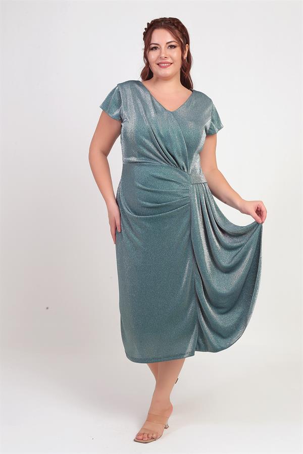 Women's Front and Back V-Neck Waist Stone Detail Lined Glitter Sandy Fabric Plus Size Midi Dress