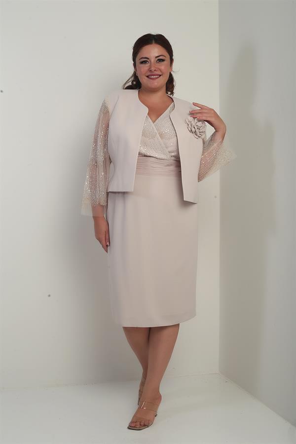 Kadın Kruvaze Yaka Beli Drapeli Elbise Kolları Tül Ceket Astarlı Pul Detaylı Büyük Beden 2'li Takım