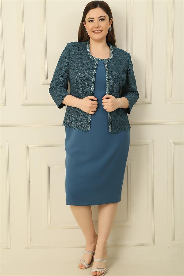 Robe en crêpe avec col et doublure ornés, veste à sequins, ensemble deux pièces grande taille