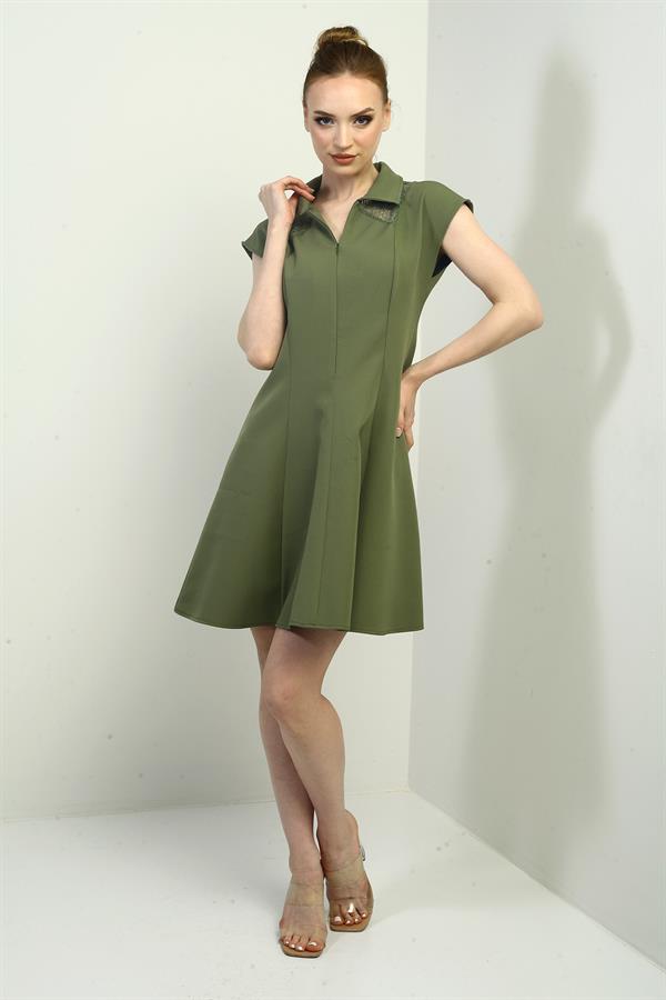 Women's Short Flared Dress with Half Front Zipper and Lace Detail, Self-Interfacing