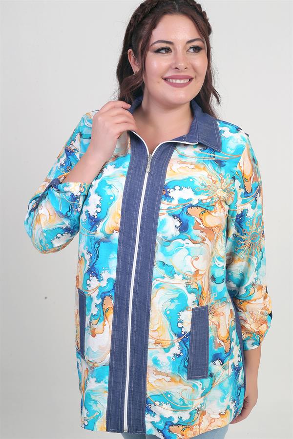 Kadın Önü Fermuarlı Desenli Büyük Beden Kot Gömlek