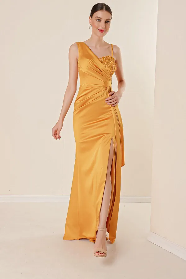 Long Satin Dress with One Side Rope Straps, Beaded Guipure Detail, Lining and Front Slit