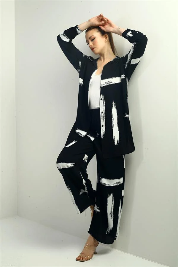 Women's Side Slit Tunic Shirt, Elastic Waist Pocketed Paazzo Pants, Brush Pattern Oversize 2-Piece Set