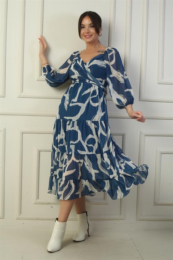 Madonna Yaka Astarlı Çapraz Bağlamalı Soyut Desen Kruvaze Şifon Elbise