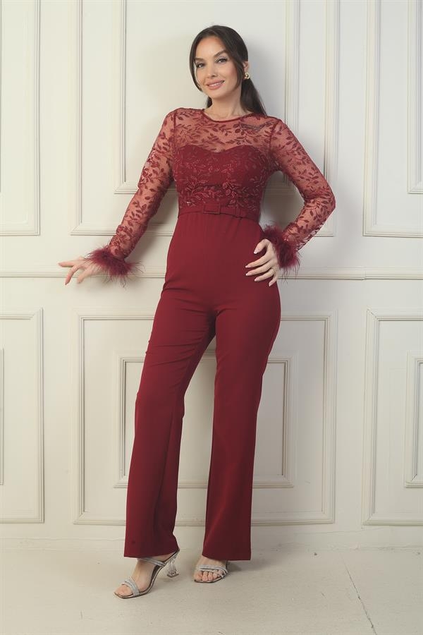 Combinaison en crêpe à imprimé feuilles de tulle pour femme avec ceinture et manches à plumes