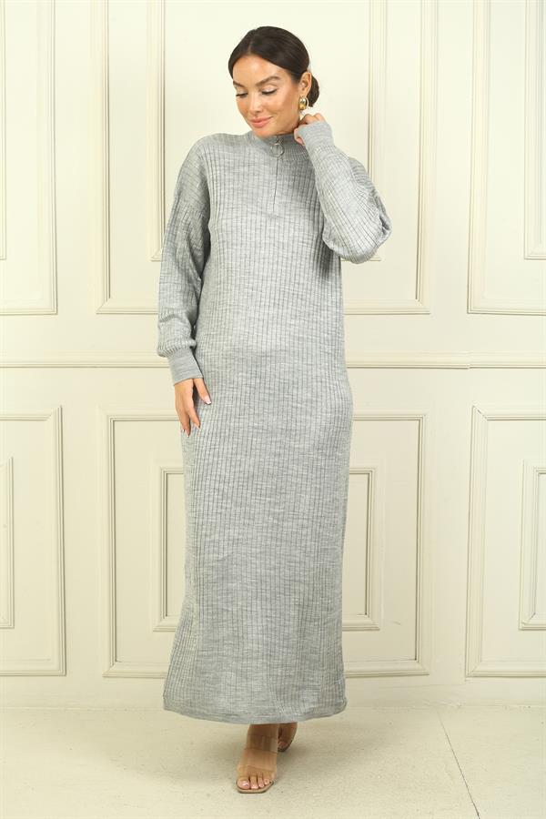 Round Neck, Zip-Up Long Sleeve Knitted Dress